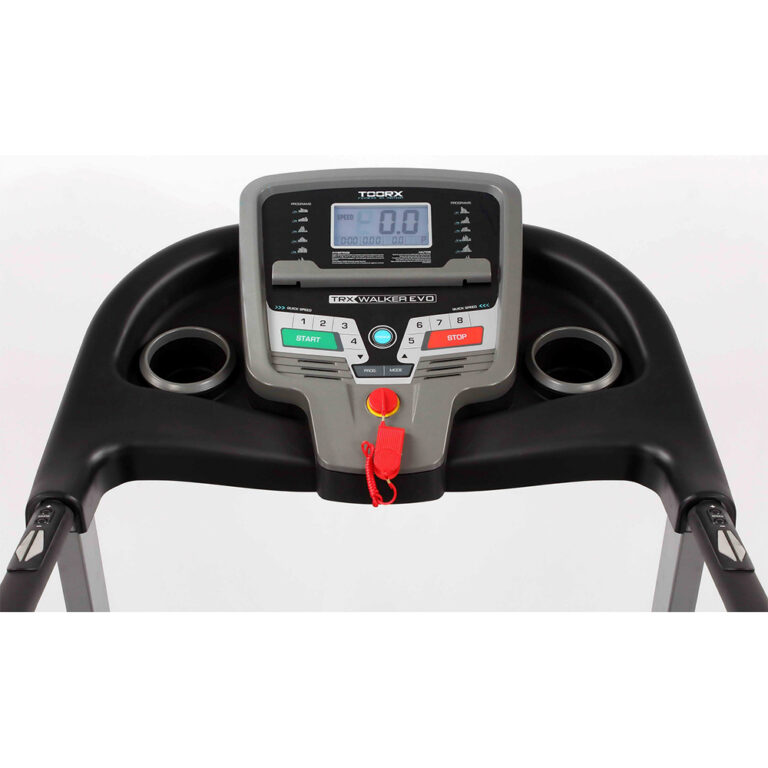Bėgimo takelio pultas su skaitmeniniu ekranu, paleidimo ir sustabdymo valdymo mygtukais ir saugos raktu. Abiejose konsolės pusėse yra du puodelių laikikliai. Ekrane matomas prekės ženklas TOORX.