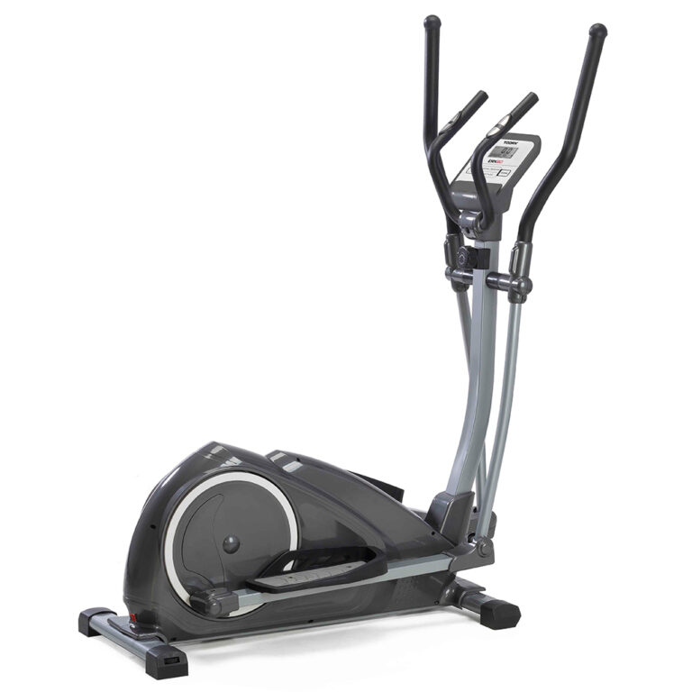 Introducing the Elipsinis dviratis TOORX ERX-80, an elliptical exercise machine featuring a digital display and handlebars. This sleek black and silver equipment comes with foot pedals and a sturdy base, making it ideal for indoor cardiovascular workouts.