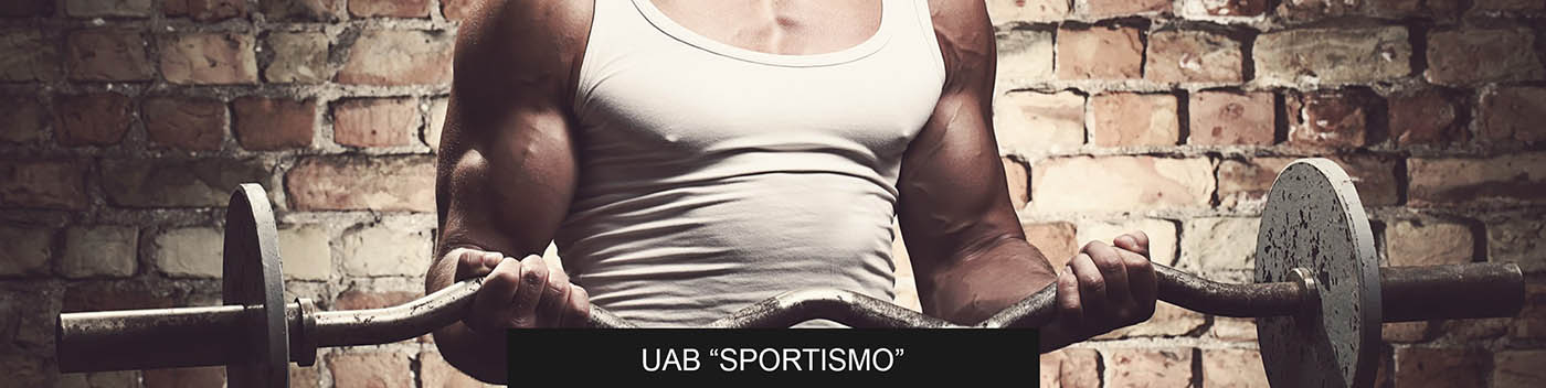A person in a white tank top lifts a barbell in front of a brick wall. A text overlay at the bottom reads UAB SPORTISIMO.